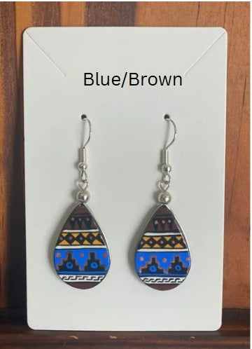 Hand painted wooden tear drop shaped dangle earrings. Authentic hand painted Inka symbols dangle earrings. Sterling Silver Hooks Available.