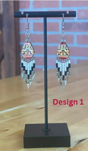 Inka Spirit Dangle Earrings – Hand-Painted Wood & Delica Beads with Peruvian Alpaca Silver Accents. Sterling Silver Hooks Available.
