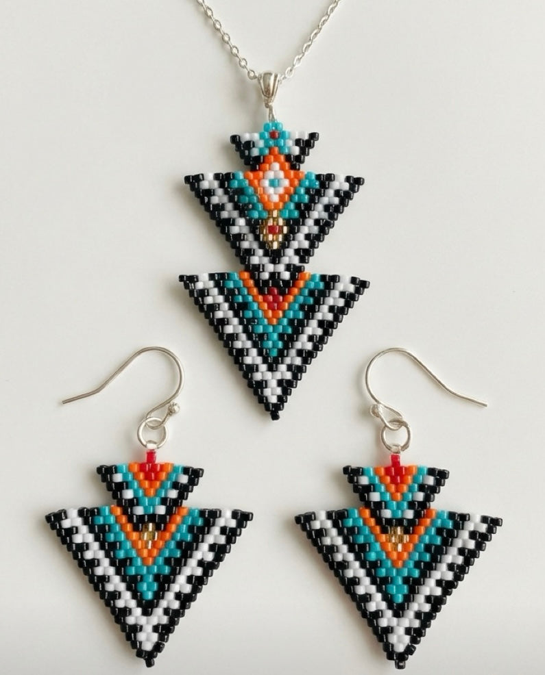 Indian-Inspired Miyuki Bead Necklace and Earrings Set – Sterling Silver Chain & Hooks – Handmade Statement Jewelry