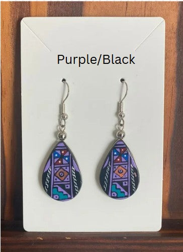Hand painted wooden tear drop shaped dangle earrings. Authentic hand painted Inka symbols dangle earrings. Sterling Silver Hooks Available.