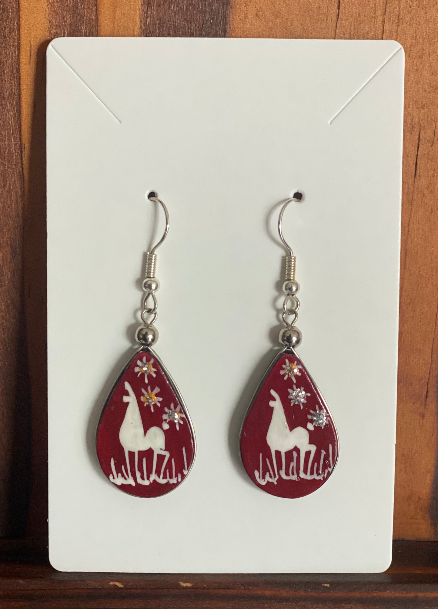 Hand-Painted Wooden Alpaca Earrings (4 Colors). Boho chic hand painted wooden earrings. Artisan dangle earrings. Peruvian Jewelry. Sterling Silver Hooks Available.
