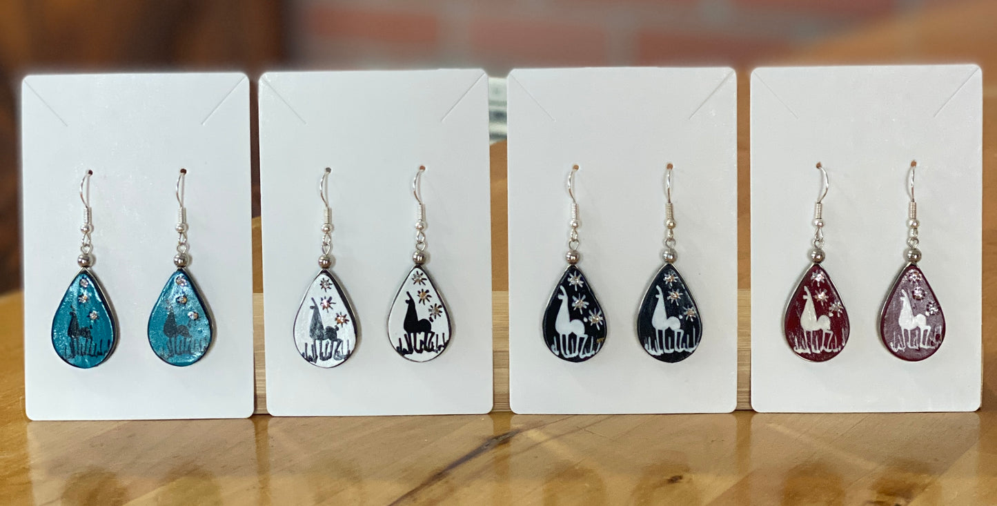 Hand-Painted Wooden Alpaca Earrings (4 Colors). Boho chic hand painted wooden earrings. Artisan dangle earrings. Peruvian Jewelry. Sterling Silver Hooks Available.
