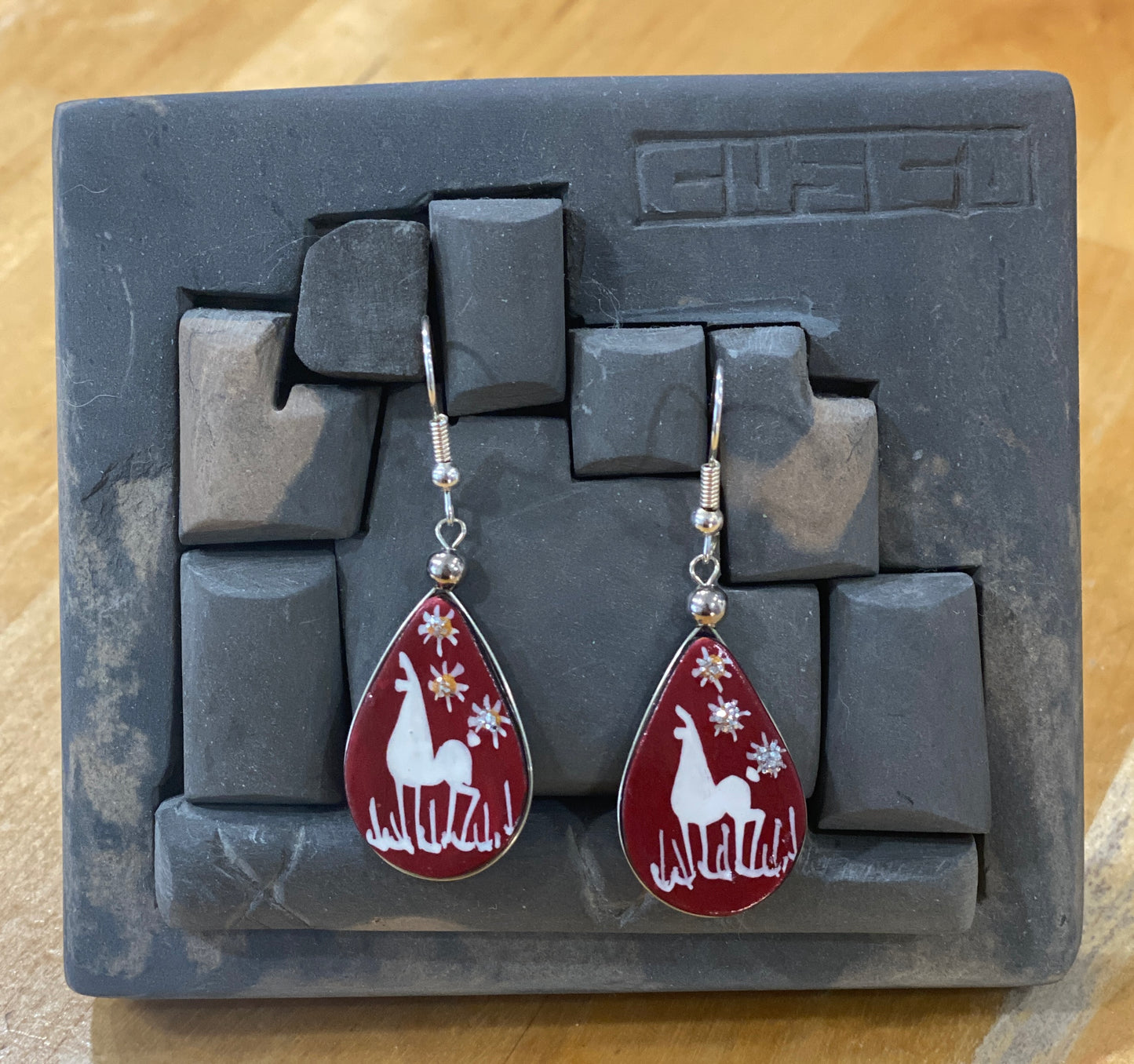 Hand-Painted Wooden Alpaca Earrings (4 Colors). Boho chic hand painted wooden earrings. Artisan dangle earrings. Peruvian Jewelry. Sterling Silver Hooks Available.