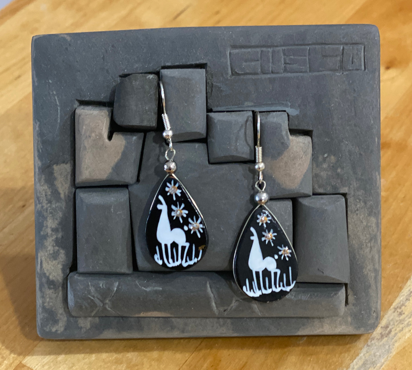 Hand-Painted Wooden Alpaca Earrings (4 Colors). Boho chic hand painted wooden earrings. Artisan dangle earrings. Peruvian Jewelry. Sterling Silver Hooks Available.
