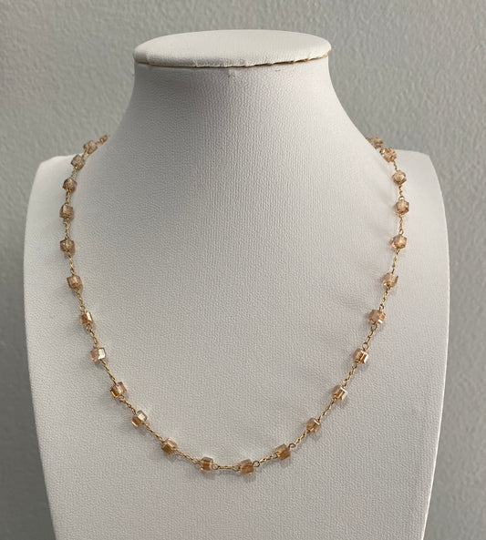 18K Gold-Plated Rosary Chain Necklace – Amber Colored Square Beads, Heart-Link Extension Chain