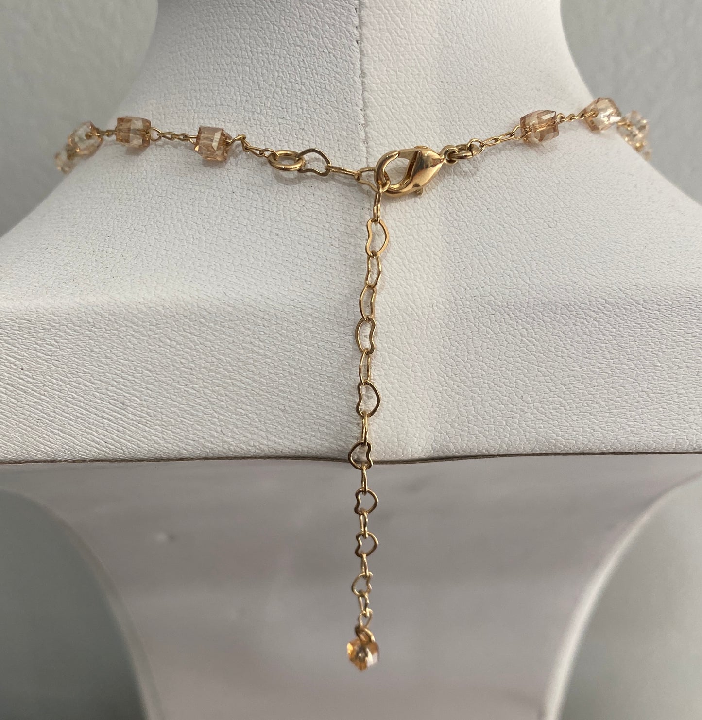 18K Gold-Plated Rosary Chain Necklace – Amber Colored Square Beads, Heart-Link Extension Chain