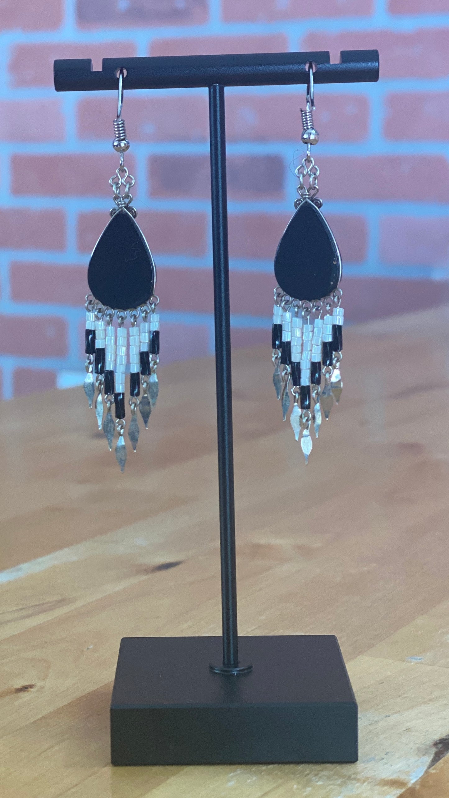 Inka Spirit Dangle Earrings – Hand-Painted Wood & Delica Beads with Peruvian Alpaca Silver Accents. Sterling Silver Hooks Available.