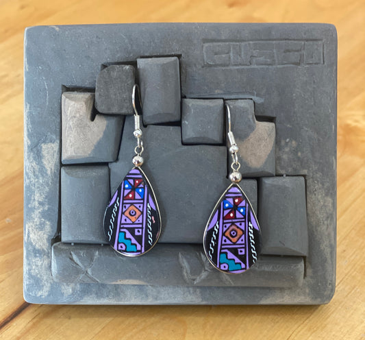 Hand painted wooden tear drop shaped dangle earrings. Authentic hand painted Inka symbols dangle earrings. Sterling Silver Hooks Available.