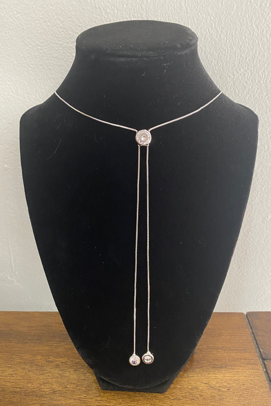 Adjustable 34" Rhodium Lariat Necklace with CZ Accents.