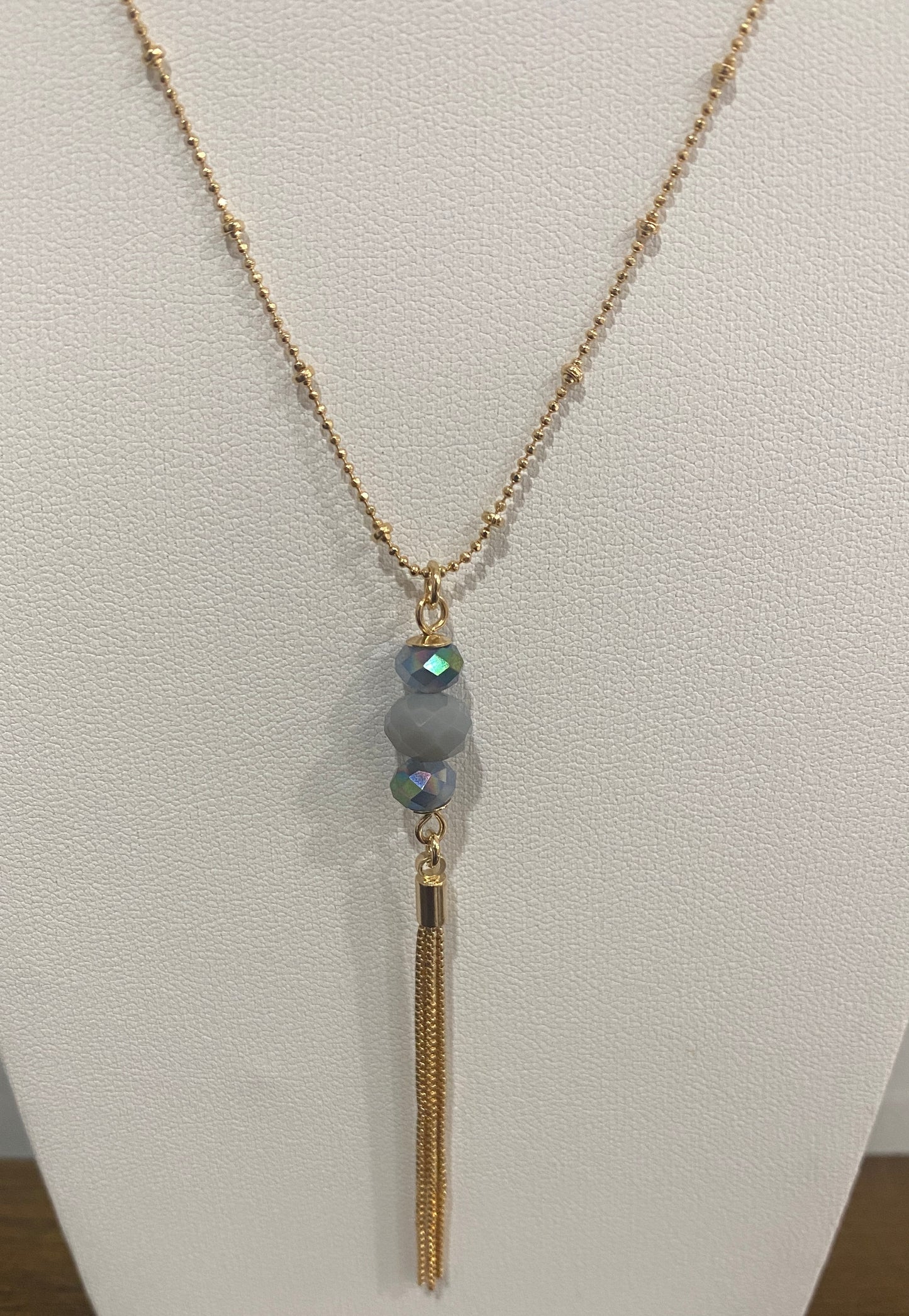 Layered Crystal Pendant Necklace – 18K Gold-Plated Beaded Chain with Box Chain Tassel (27" + 1")