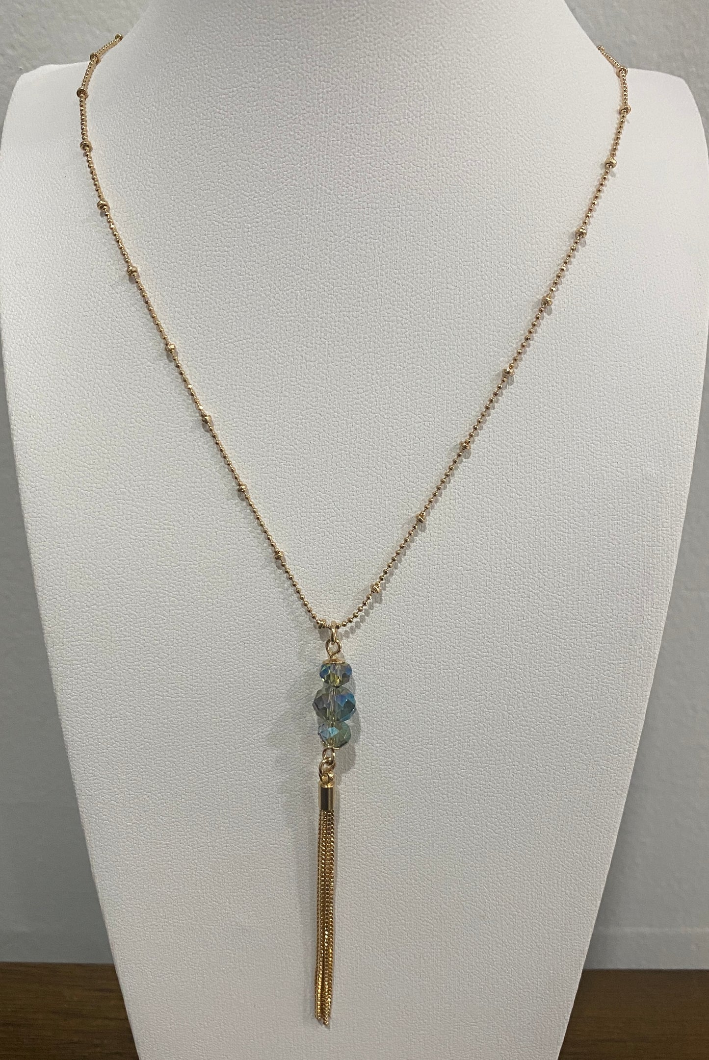 Layered Crystal Pendant Necklace – 18K Gold-Plated Beaded Chain with Box Chain Tassel (27" + 1")