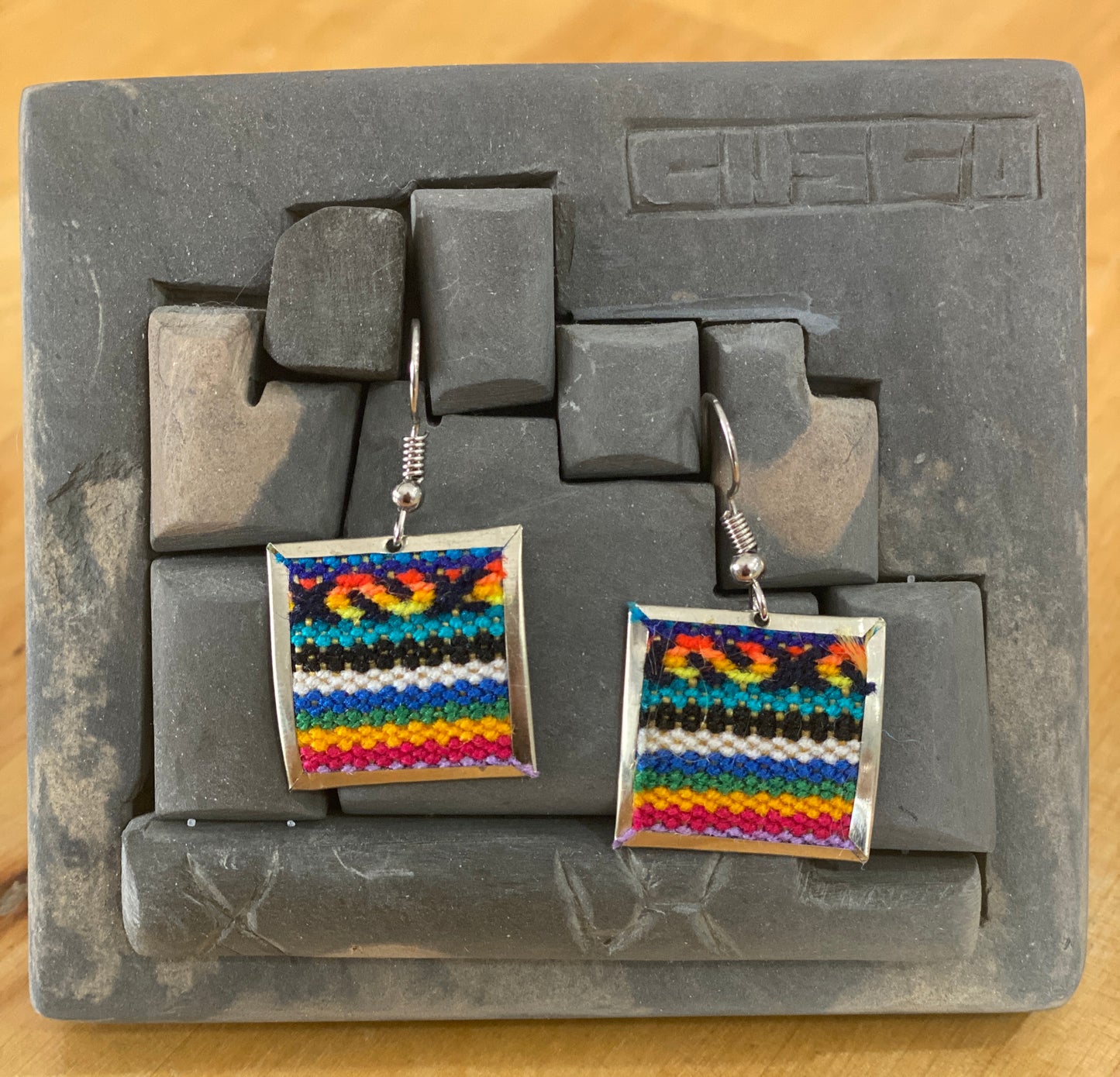 Colorful Handwoven Inka Fabric Earrings – Alpaca Silver Dangle Earrings from Cusco. Sterling Silver Hooks Available.