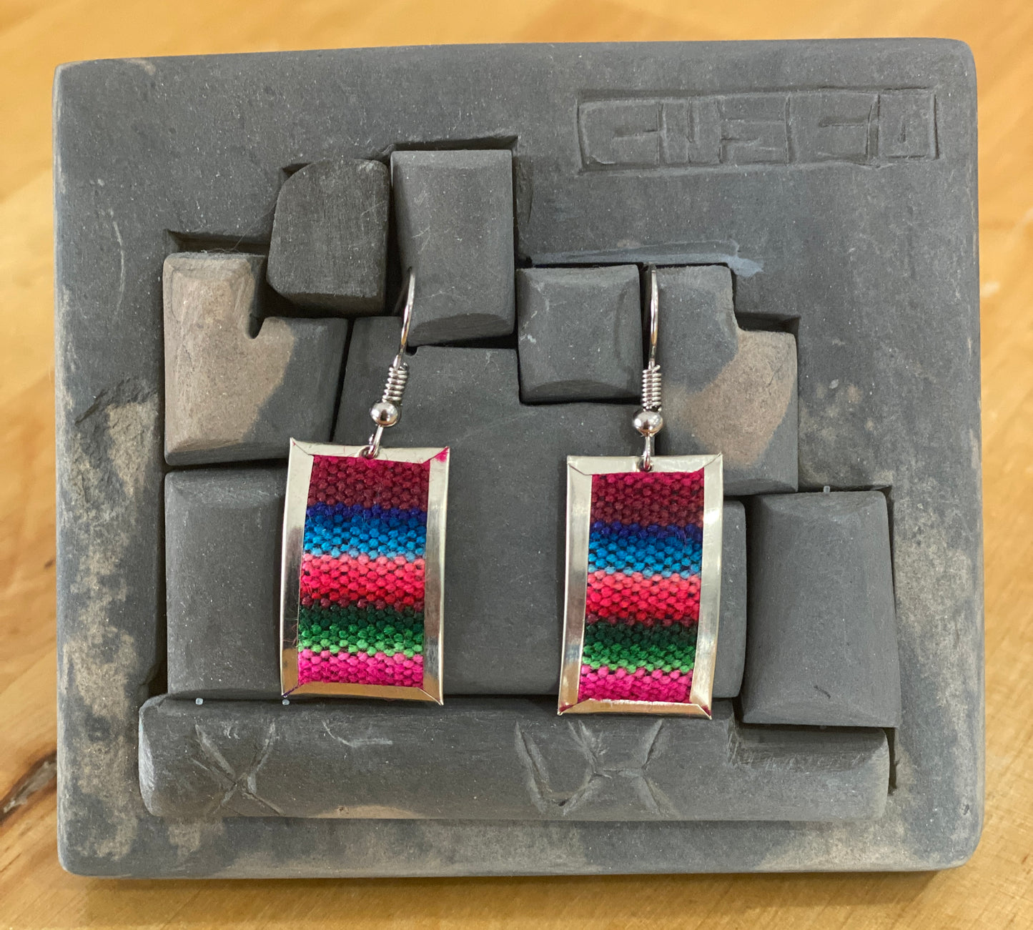 Colorful Handwoven Inka Fabric Earrings – Alpaca Silver Dangle Earrings from Cusco. Sterling Silver Hooks Available.