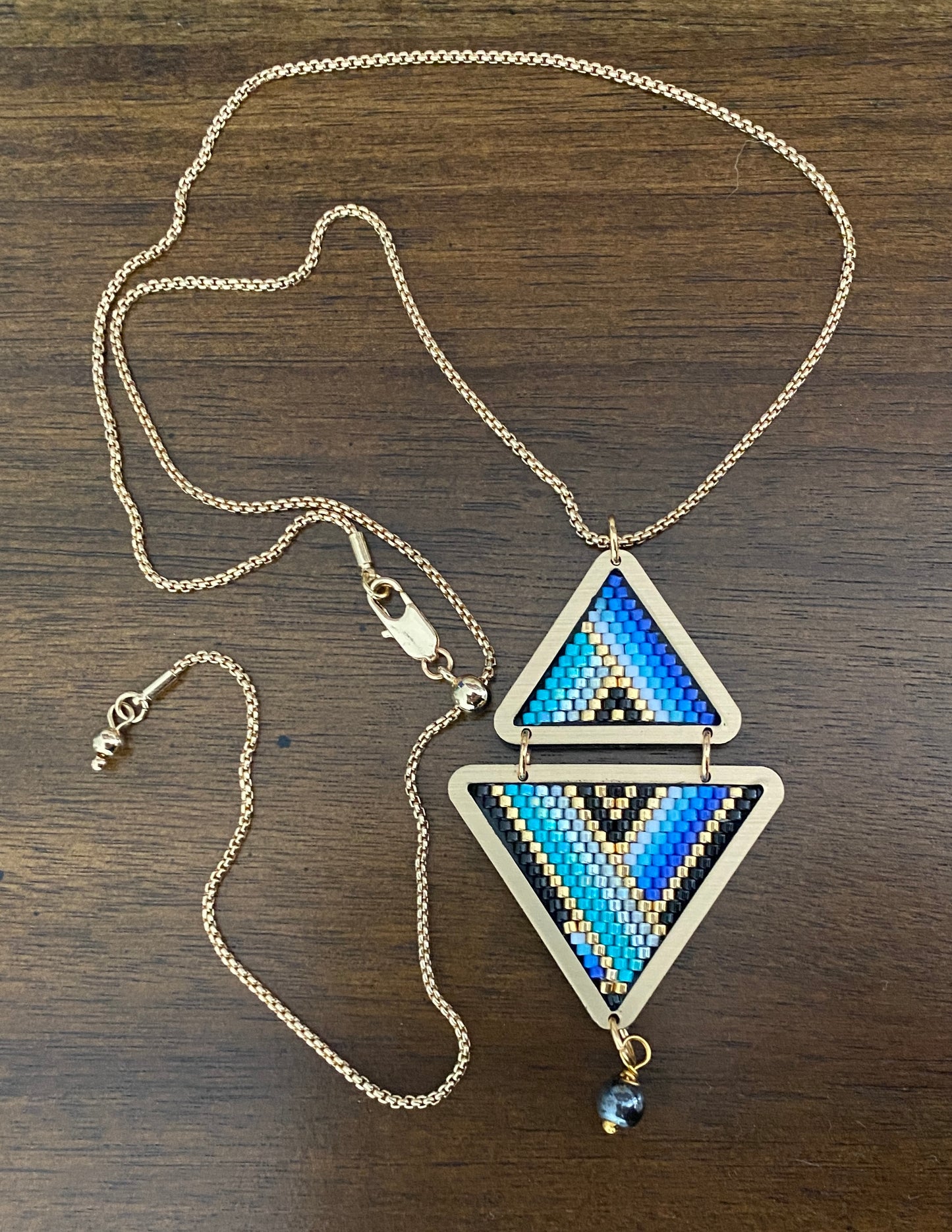 Geometric Miyuki Beads Necklace with Adjustable Chain and Hematite Accent.