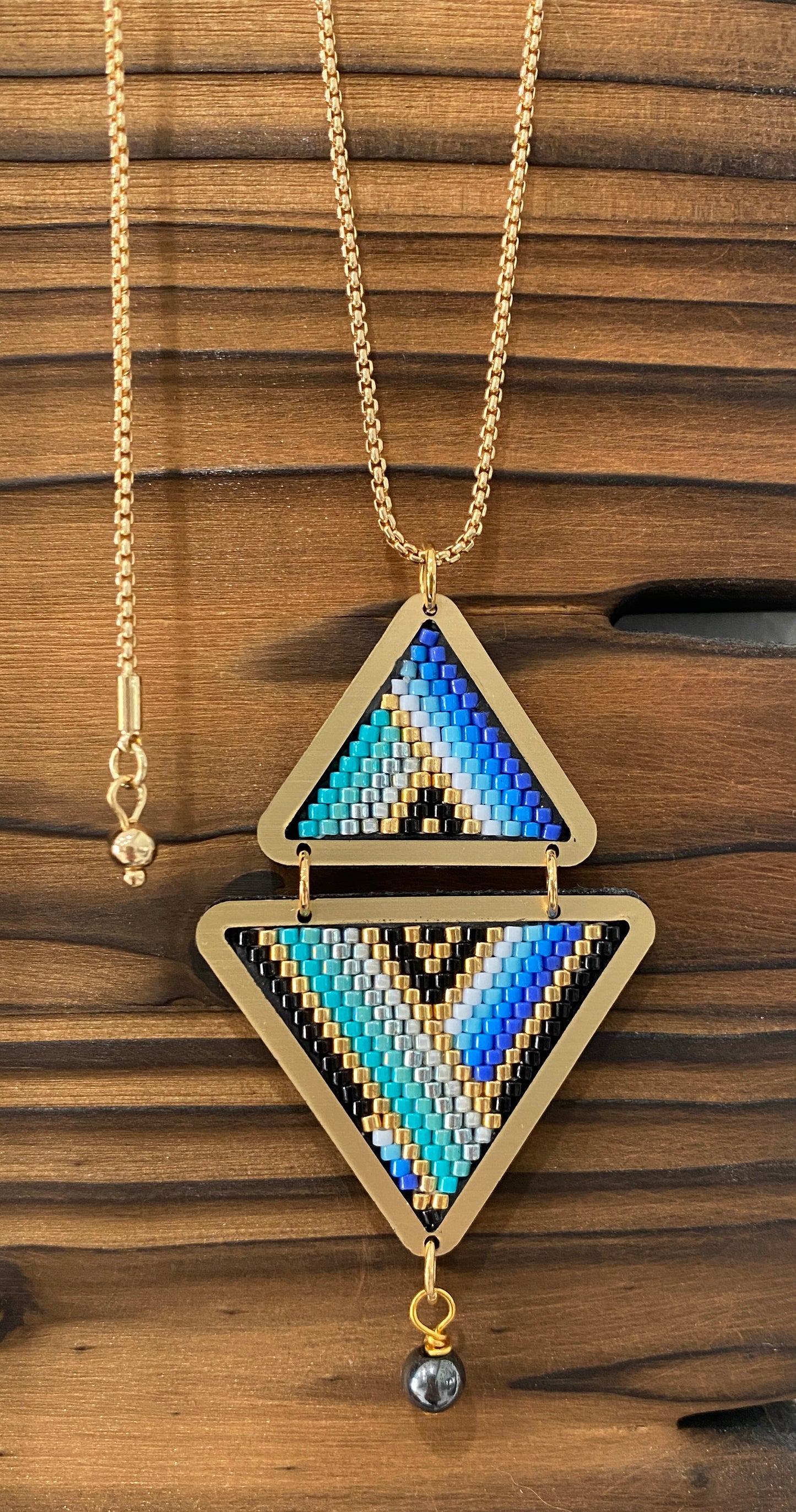 Geometric Miyuki Beads Necklace with Adjustable Chain and Hematite Accent.
