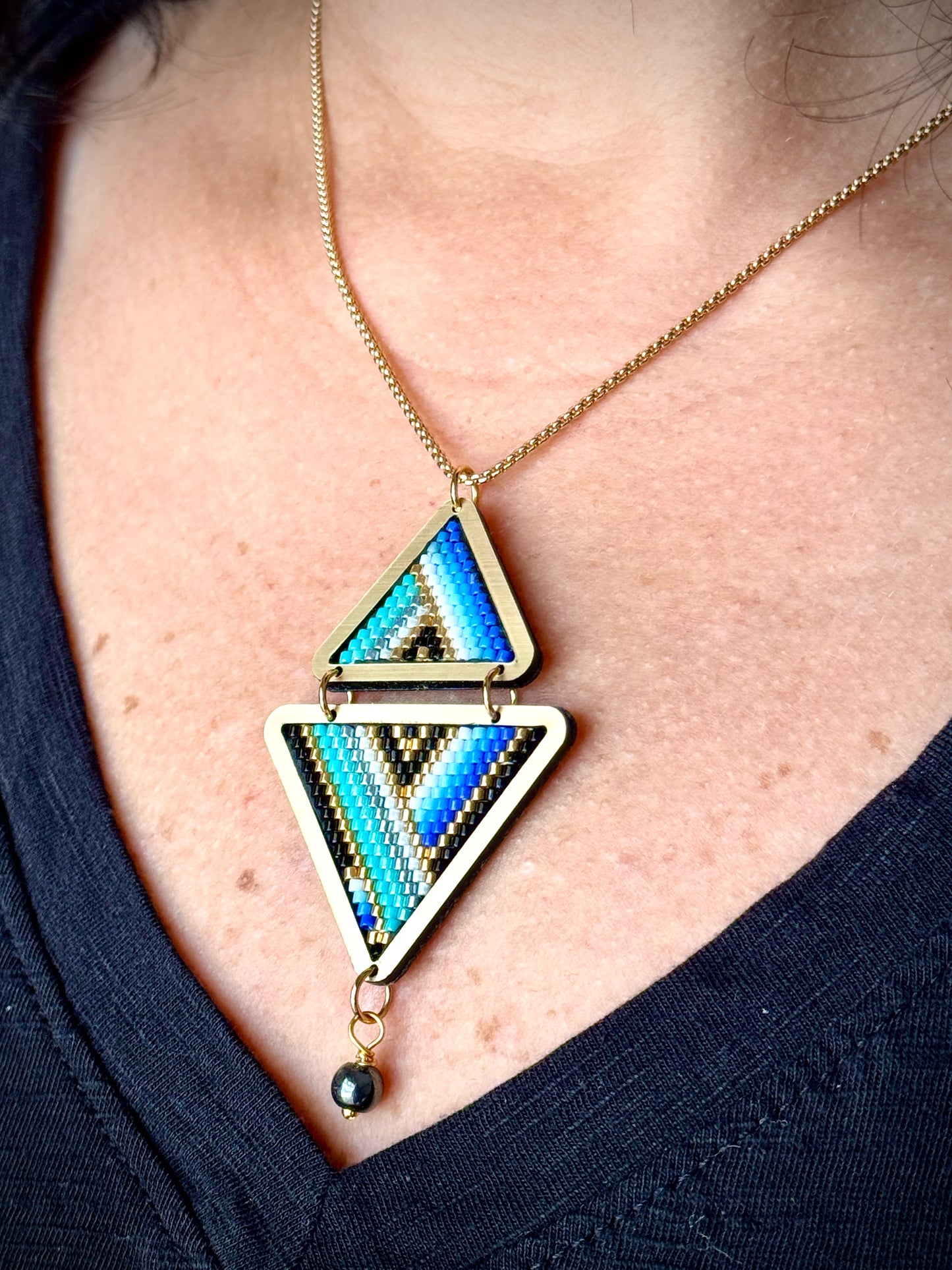 Geometric Miyuki Beads Necklace with Adjustable Chain and Hematite Accent.