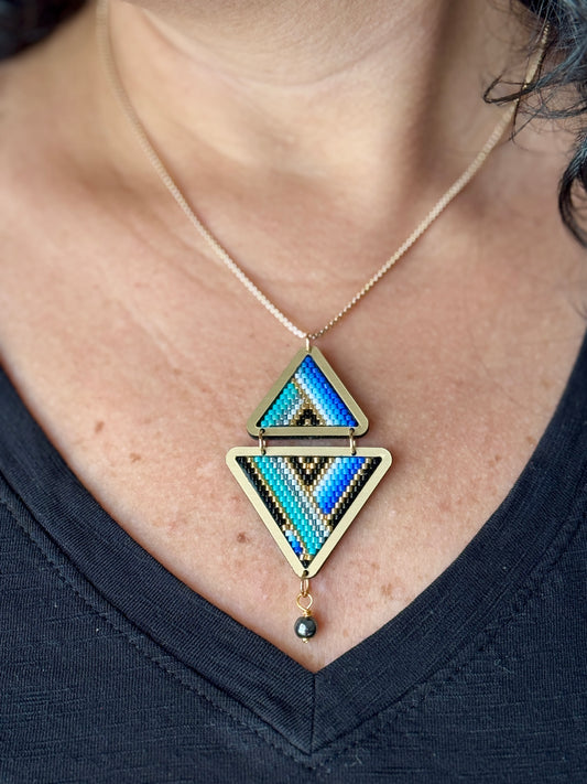 Geometric Miyuki Beads Necklace with Adjustable Chain and Hematite Accent.