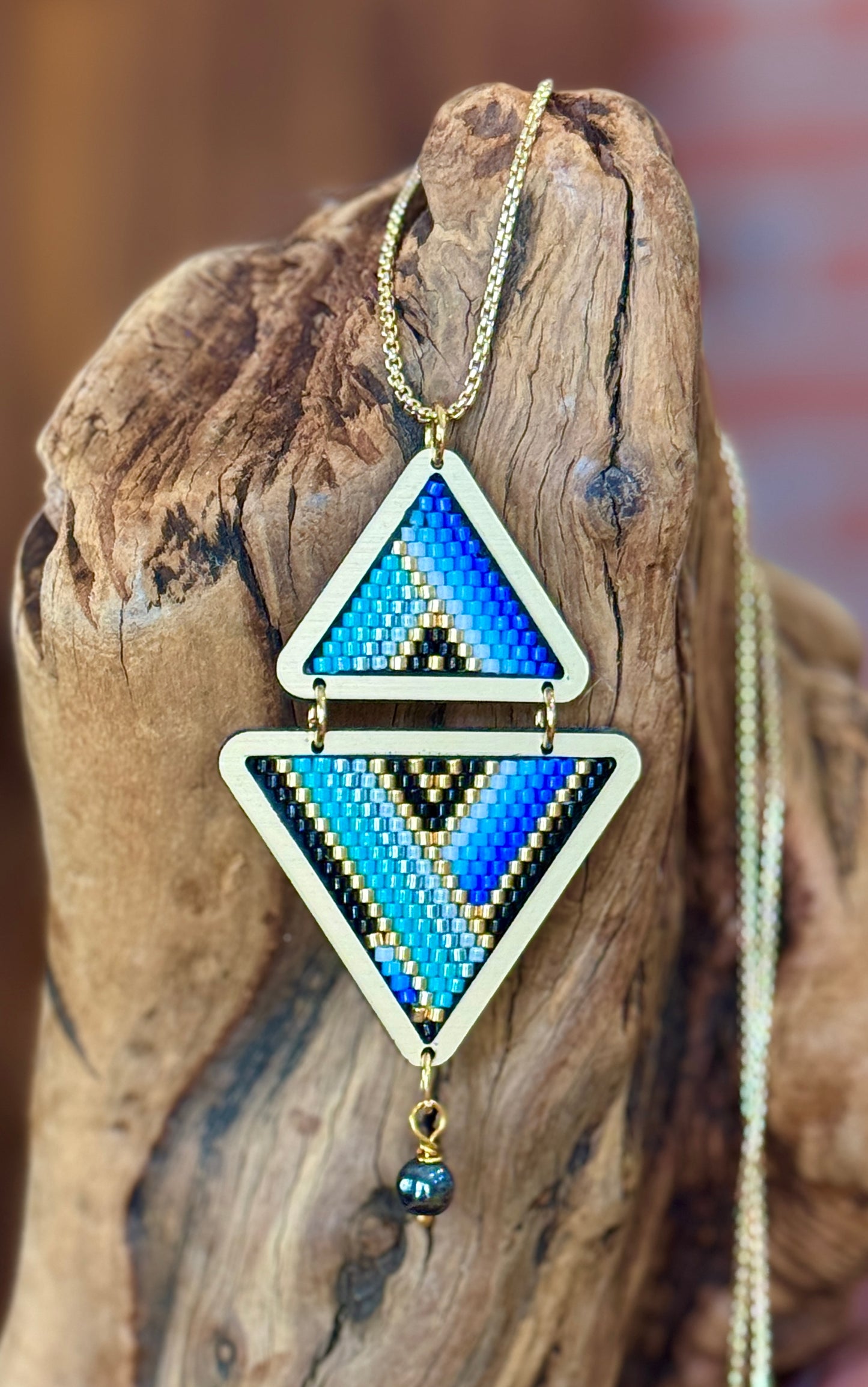 Geometric Miyuki Beads Necklace with Adjustable Chain and Hematite Accent.