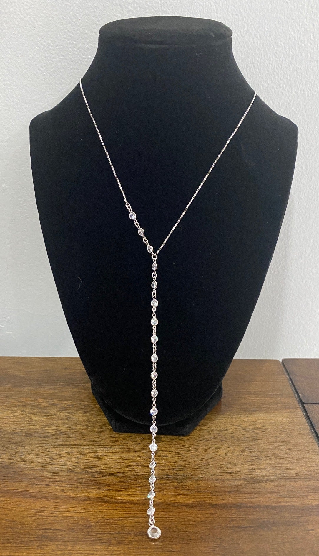 Rhodium CZ Beaded Lariat Necklace – Box Chain, 17" + 2" Extension. Delicate Lariat necklace with clear CZ accents.