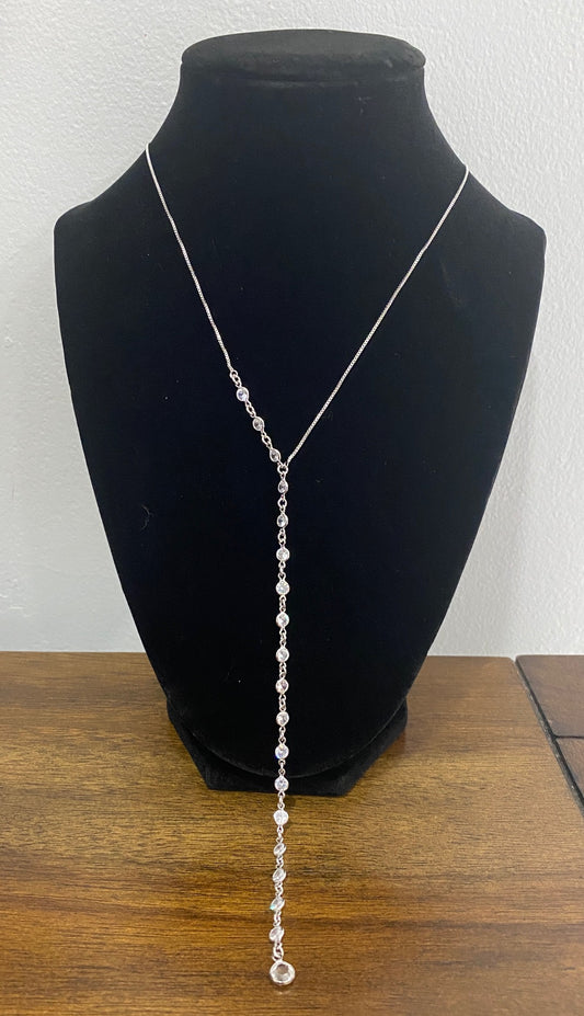 Rhodium CZ Beaded Lariat Necklace – Box Chain, 17" + 2" Extension. Delicate Lariat necklace with clear CZ accents.