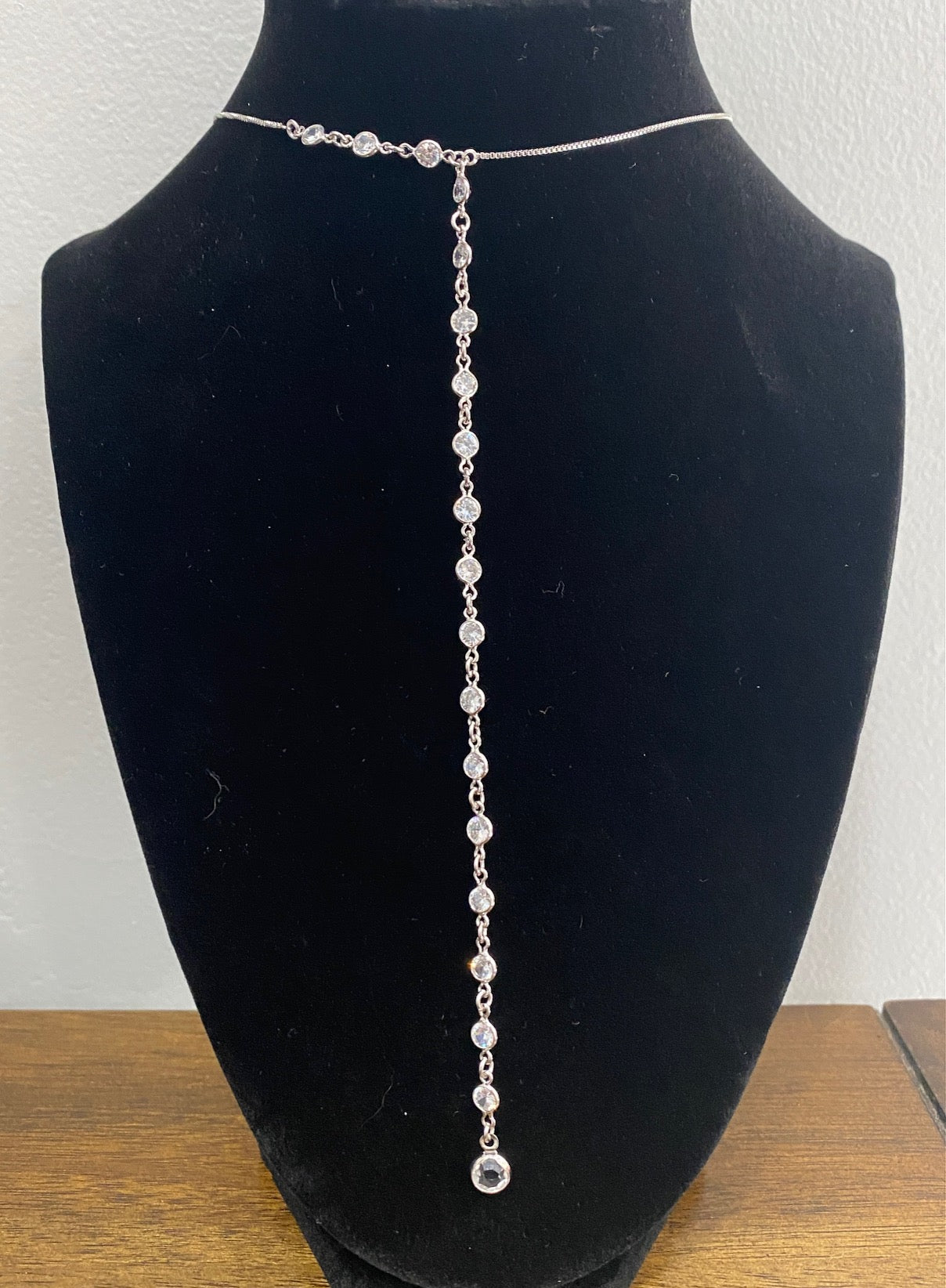 Rhodium CZ Beaded Lariat Necklace – Box Chain, 17" + 2" Extension. Delicate Lariat necklace with clear CZ accents.