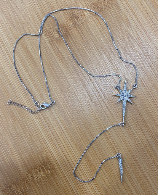 16" Rhodium Star Pendant Necklace with CZ Accents & Dangling Spike. Dainty Celestial Necklace.
