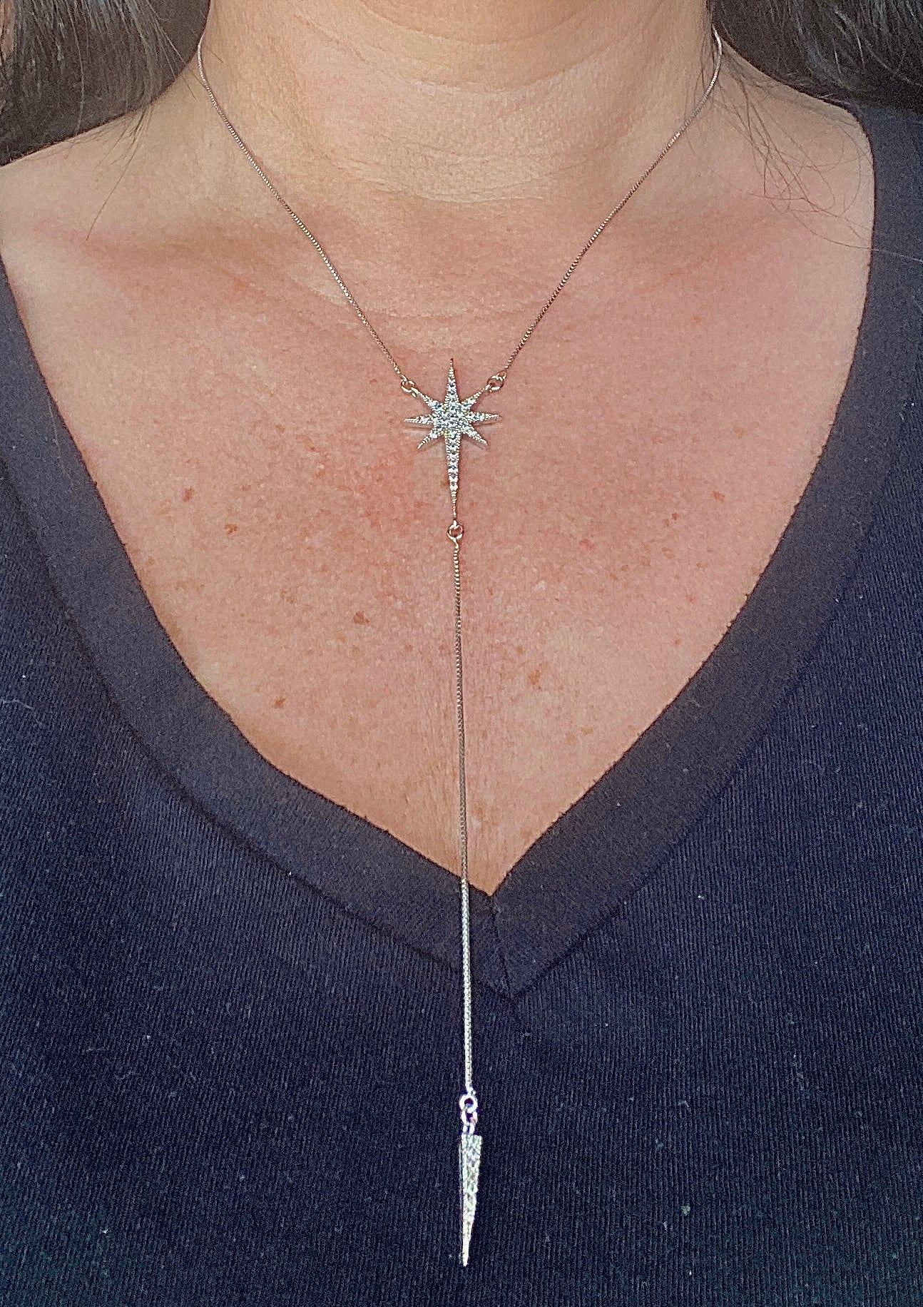 16" Rhodium Star Pendant Necklace with CZ Accents & Dangling Spike. Dainty Celestial Necklace.