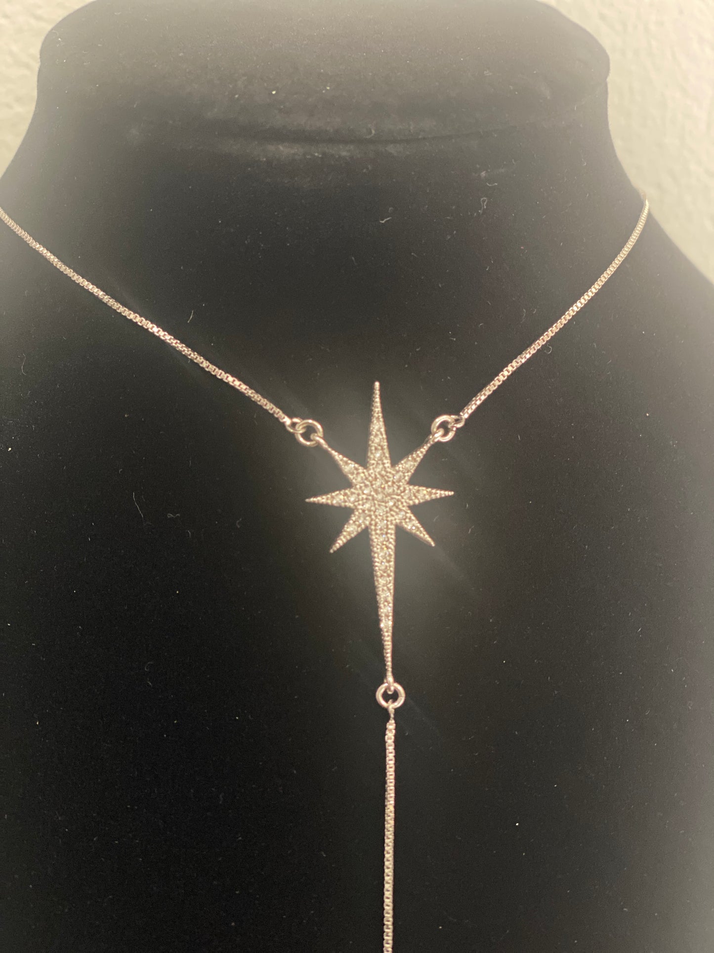 16" Rhodium Star Pendant Necklace with CZ Accents & Dangling Spike. Dainty Celestial Necklace.