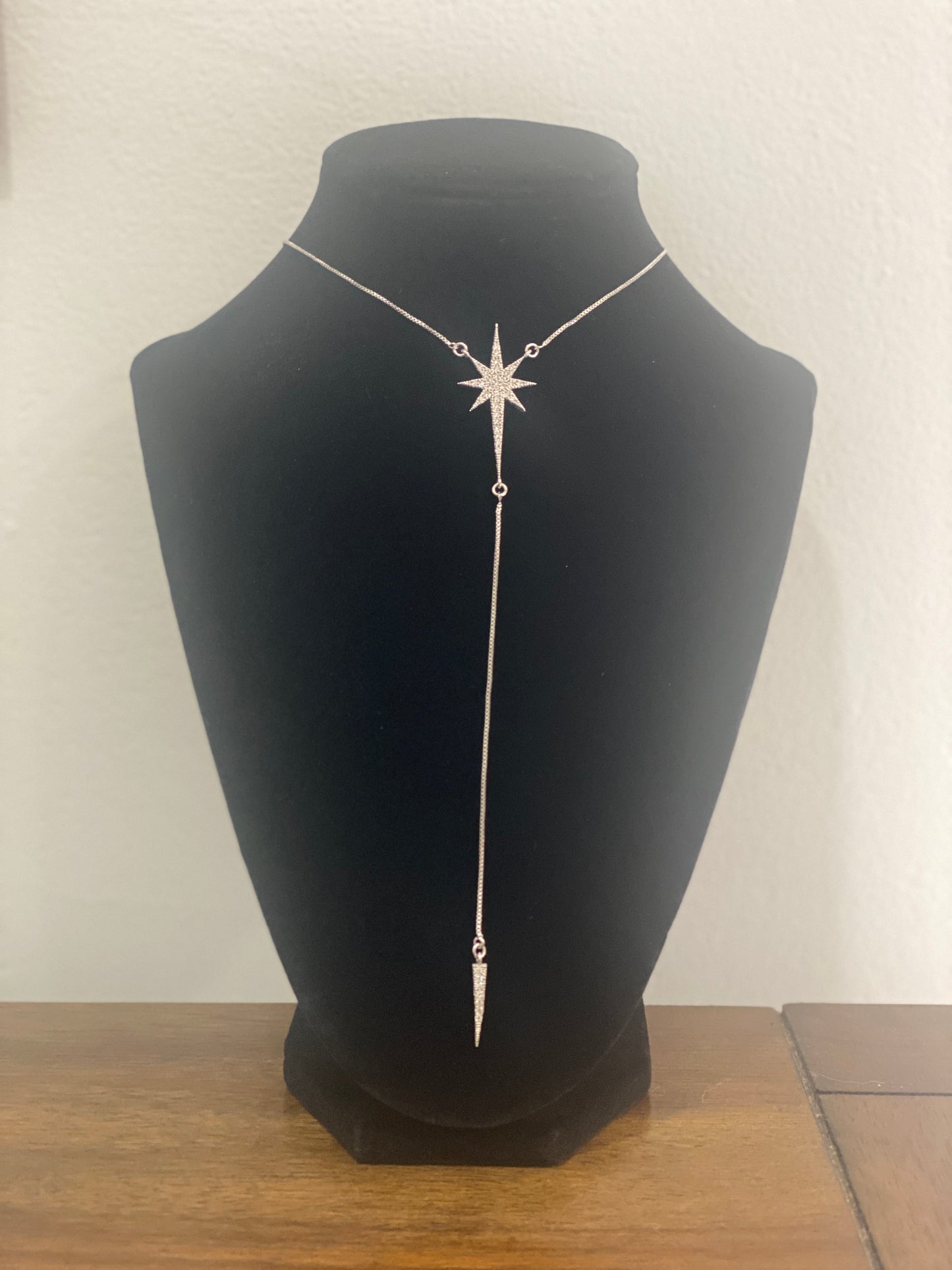 16" Rhodium Star Pendant Necklace with CZ Accents & Dangling Spike. Dainty Celestial Necklace.