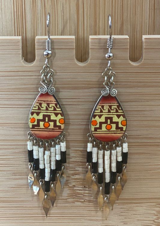 Inka Spirit Dangle Earrings – Hand-Painted Wood & Delica Beads with Peruvian Alpaca Silver Accents. Sterling Silver Hooks Available.