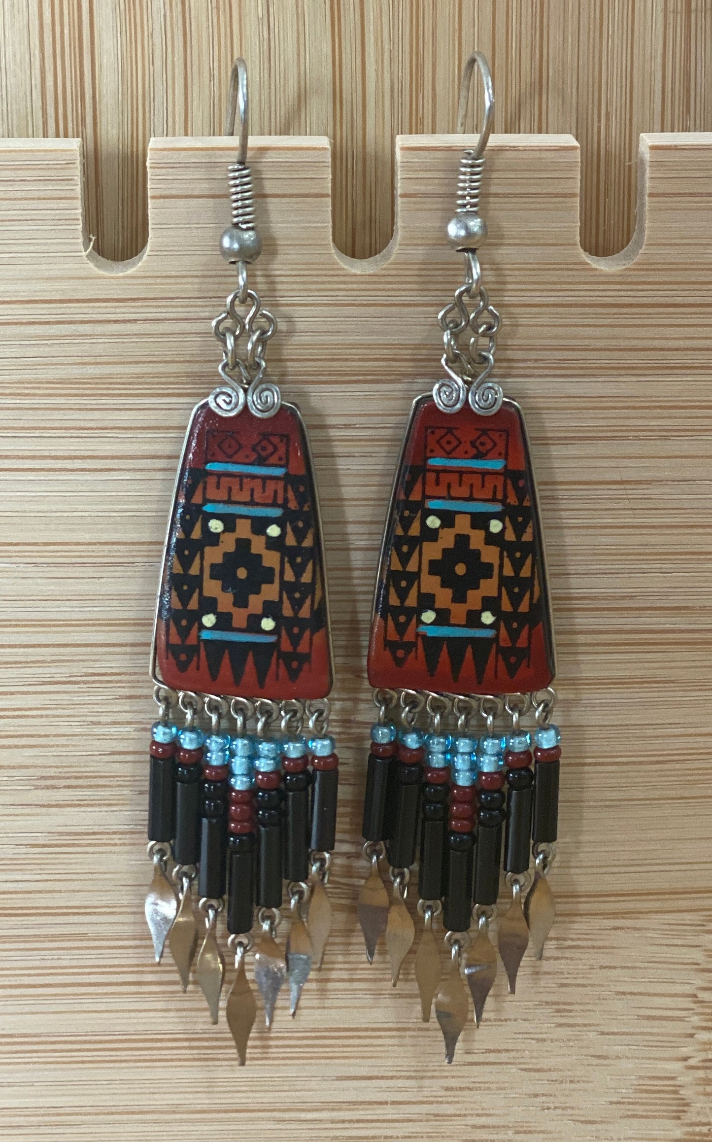 Inka Spirit Dangle Earrings – Hand-Painted Wood & Delica Beads with Peruvian Alpaca Silver Accents. Sterling Silver Hooks Available.