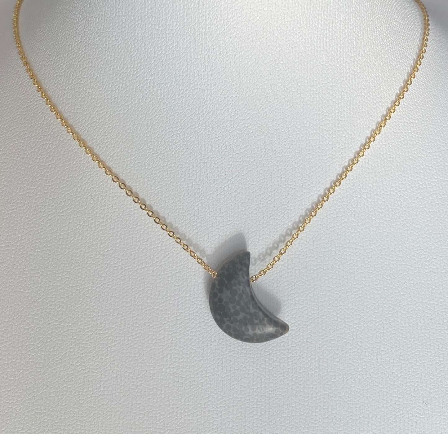 Natural Leopard Skin Jasper Necklace, Gold Plated Crescent Pendant, Handmade Gemstone Jewelry, Adjustable 18” Necklace, Nature Inspired