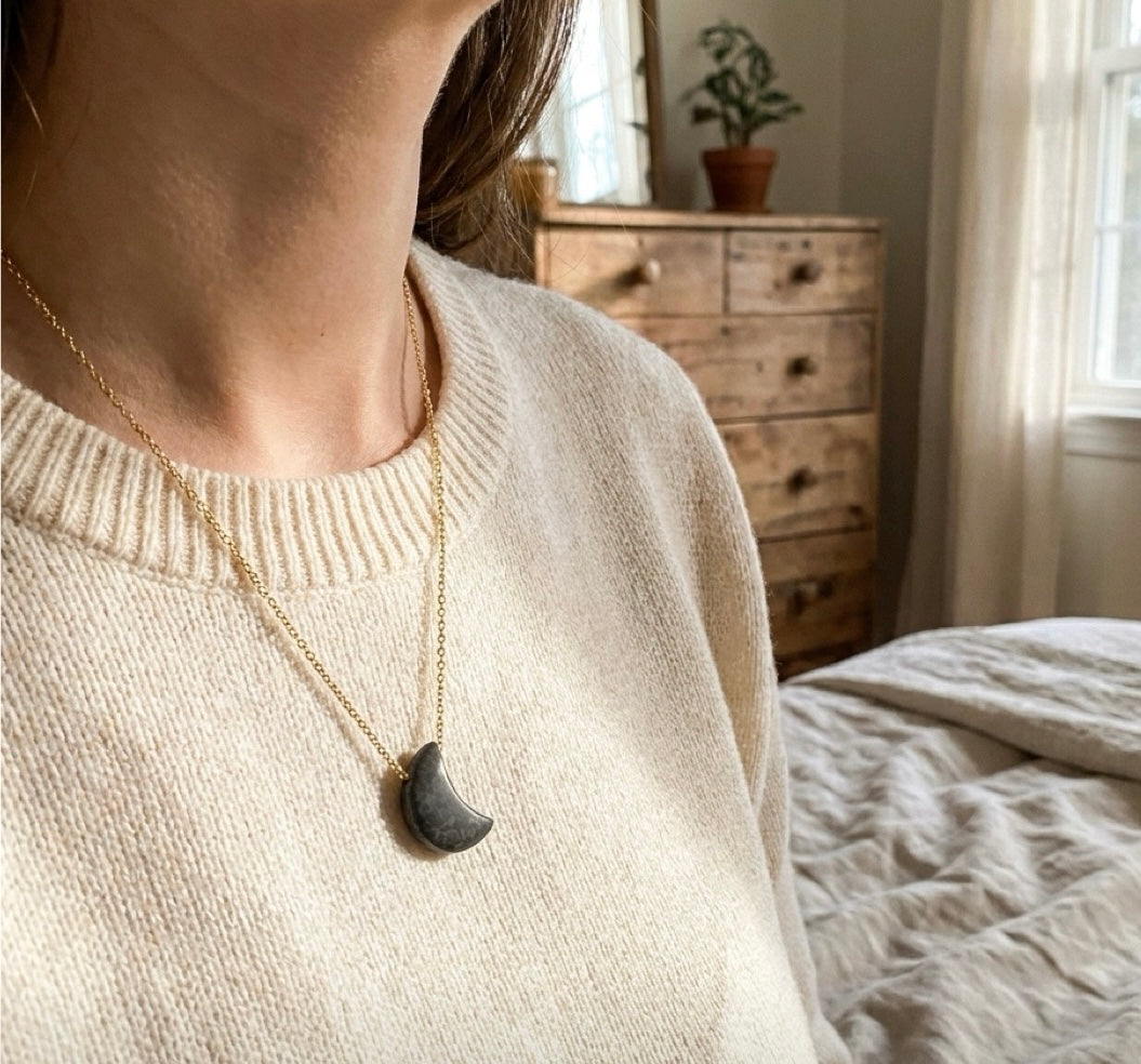 Natural Leopard Skin Jasper Necklace, Gold Plated Crescent Pendant, Handmade Gemstone Jewelry, Adjustable 18” Necklace, Nature Inspired