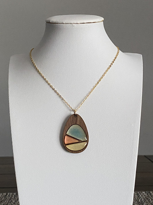 Handmade Brass and Wood Necklace with Hand-Painted Resin, 16K Gold Chain