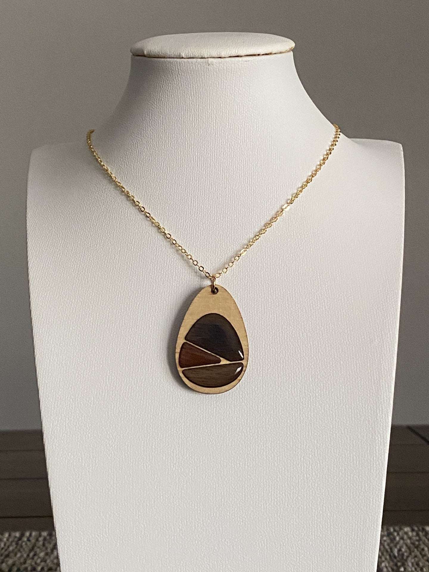 Handmade Brass and Wood Necklace with Hand-Painted Resin, 16K Gold Chain