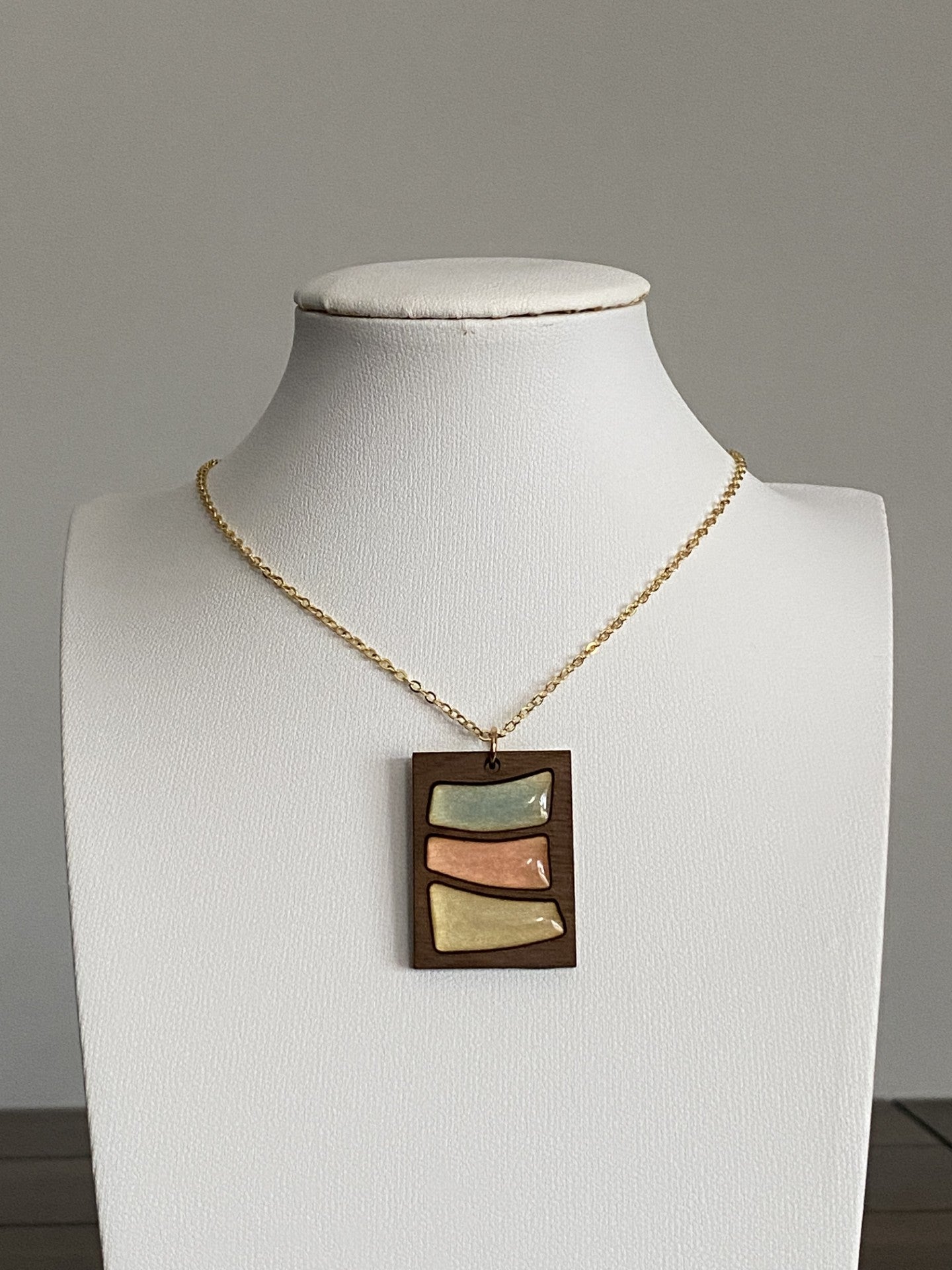 Handcrafted Brass & Wood Necklace with Colorful Resin and 16K Gold Chain