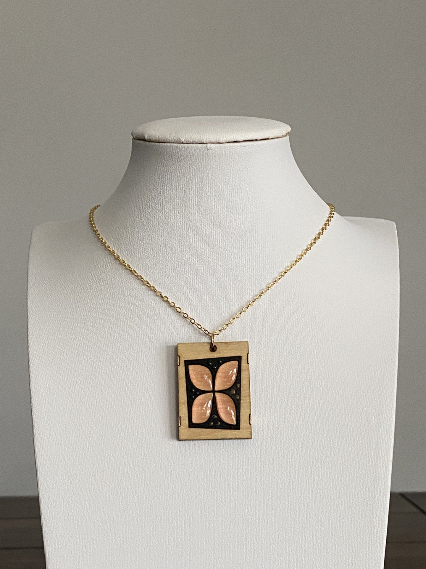 Handcrafted Brass & Wood Necklace with Colorful Resin and 16K Gold Chain