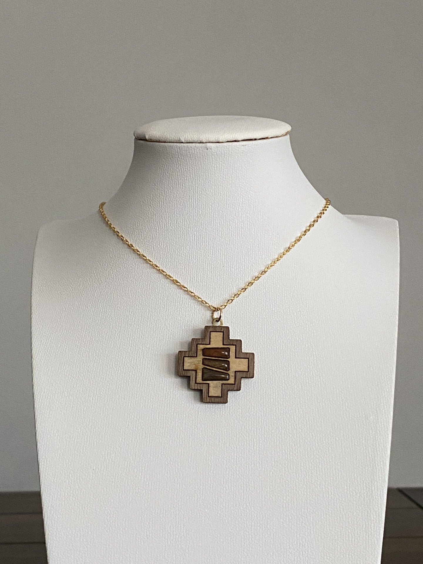 Handcrafted Brass & Wood Necklace with Colorful Resin and 16K Gold Chain