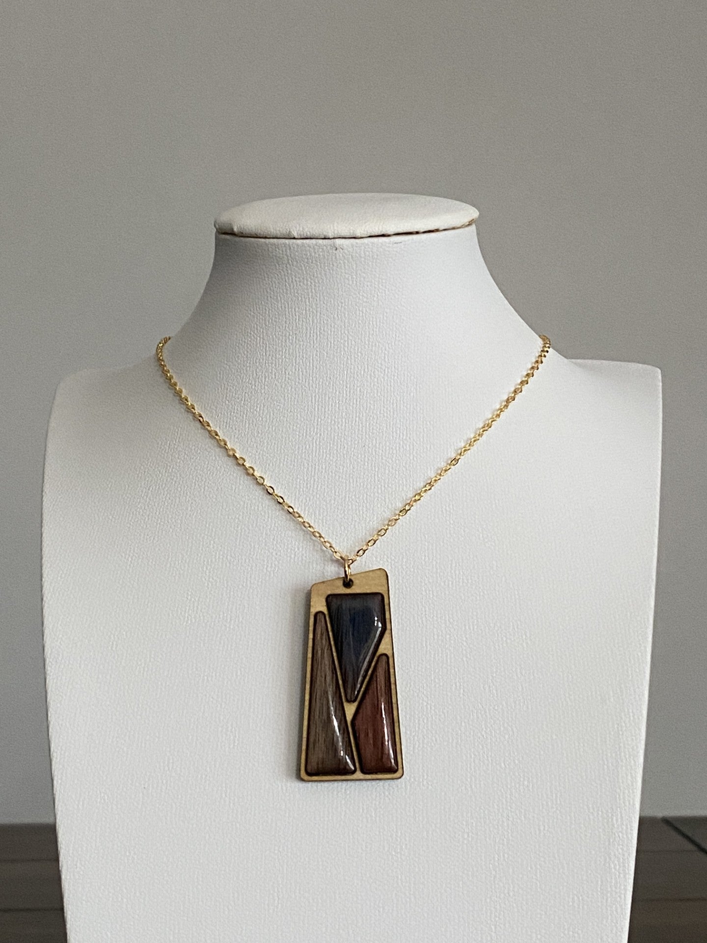 Artisan Brass and Laser Cut Wood Resin Necklace with 16K Gold