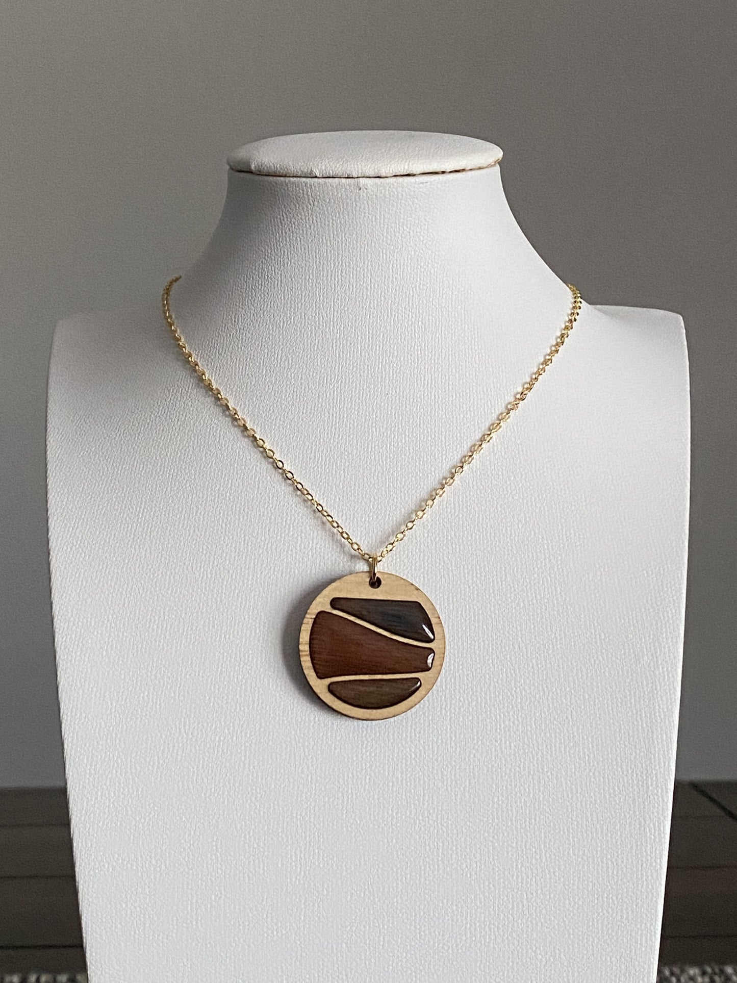 Handmade Brass and Wood Necklace with Hand-Painted Resin, 16K Gold Chain