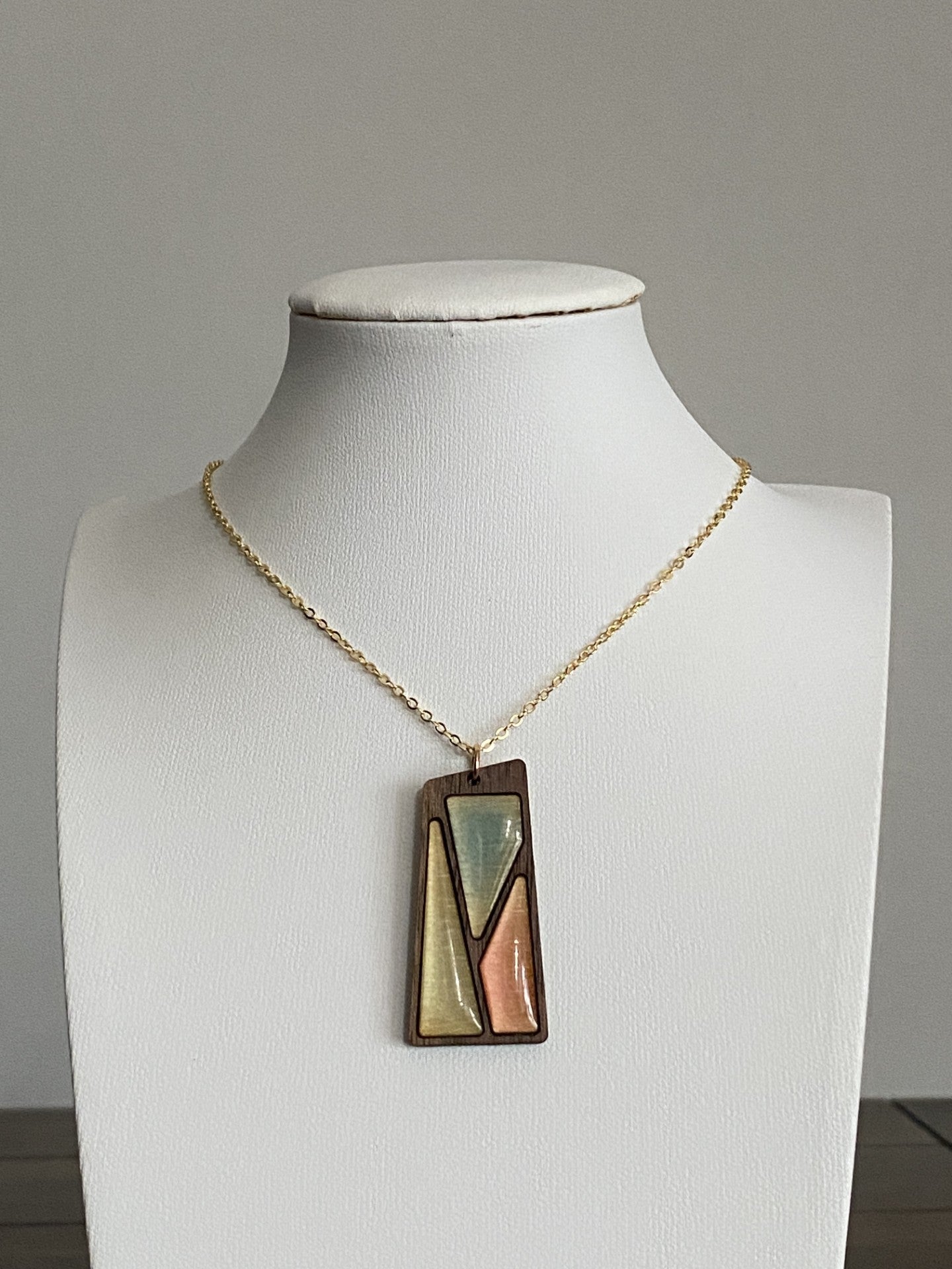 Artisan Brass and Laser Cut Wood Resin Necklace with 16K Gold
