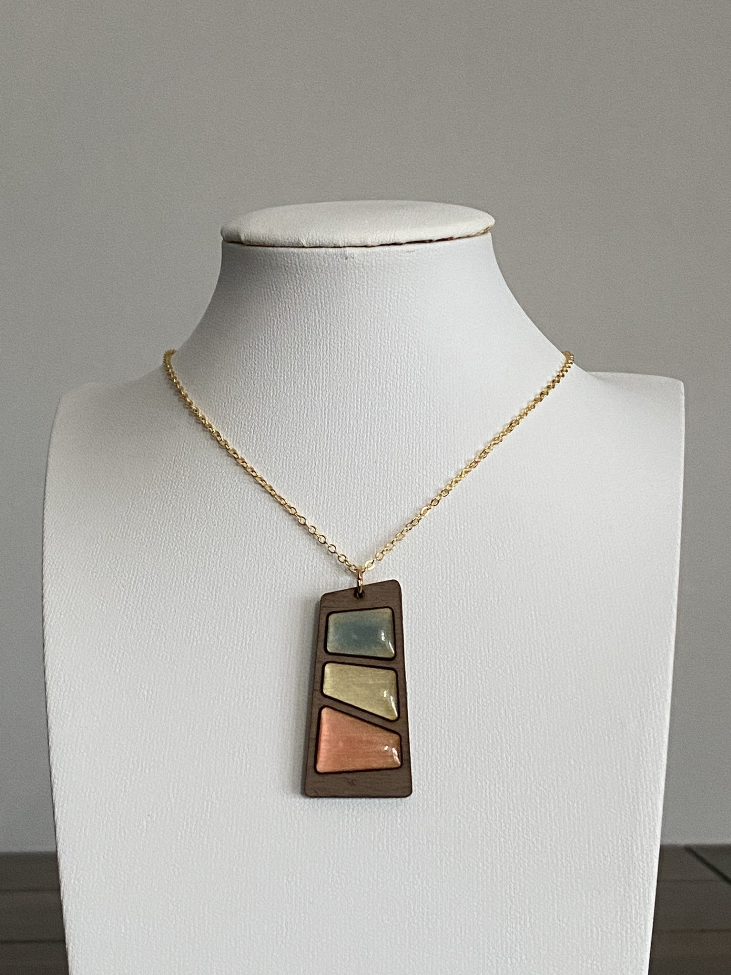 Artisan Brass and Laser Cut Wood Resin Necklace with 16K Gold