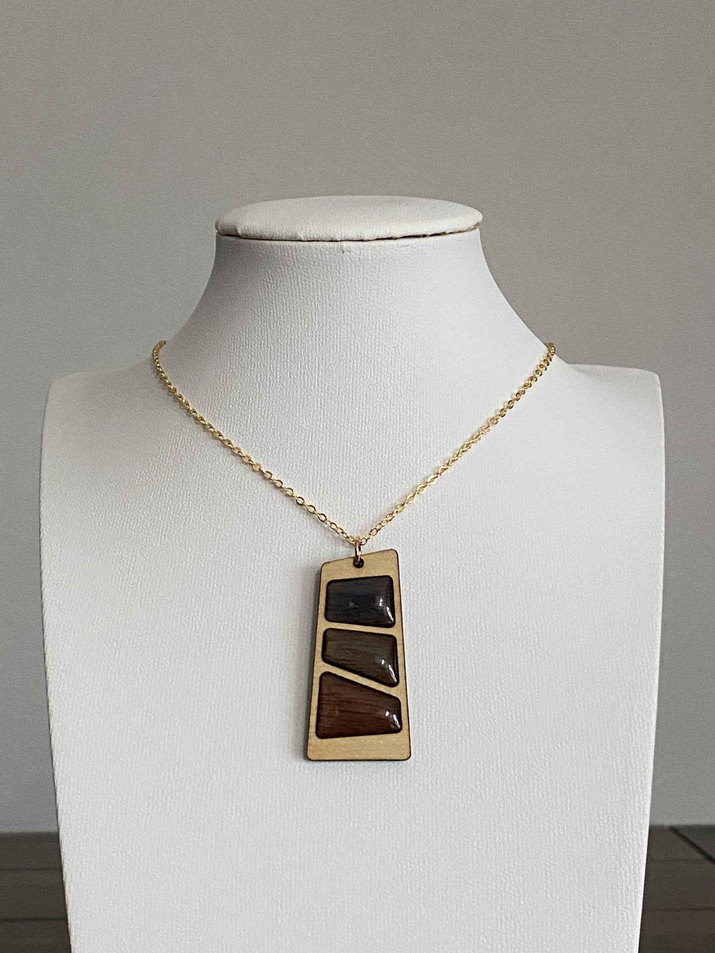 Artisan Brass and Laser Cut Wood Resin Necklace with 16K Gold