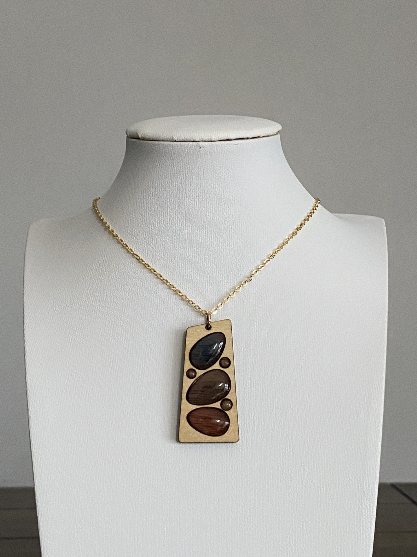 Artisan Brass and Laser Cut Wood Resin Necklace with 16K Gold