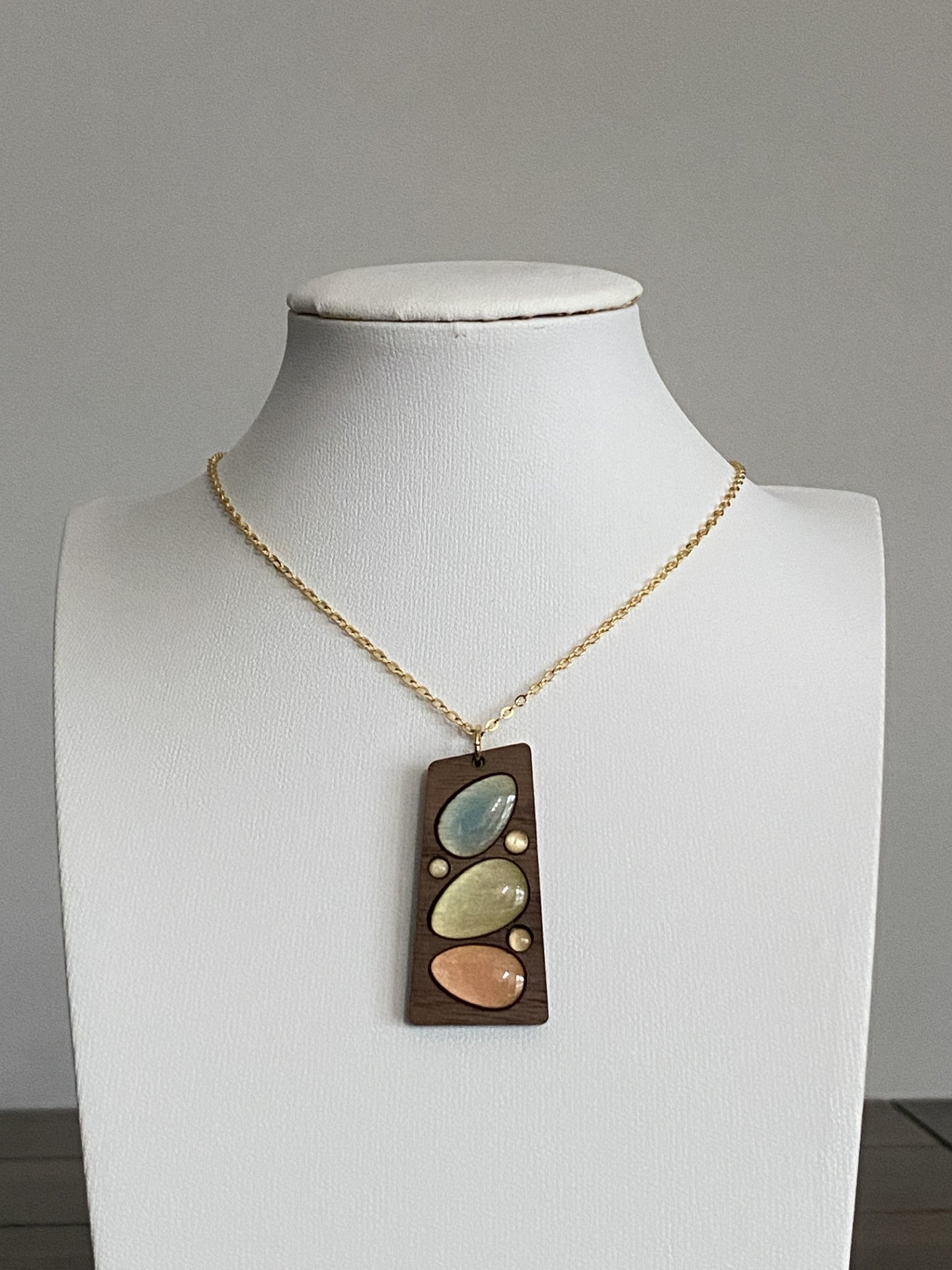 Artisan Brass and Laser Cut Wood Resin Necklace with 16K Gold