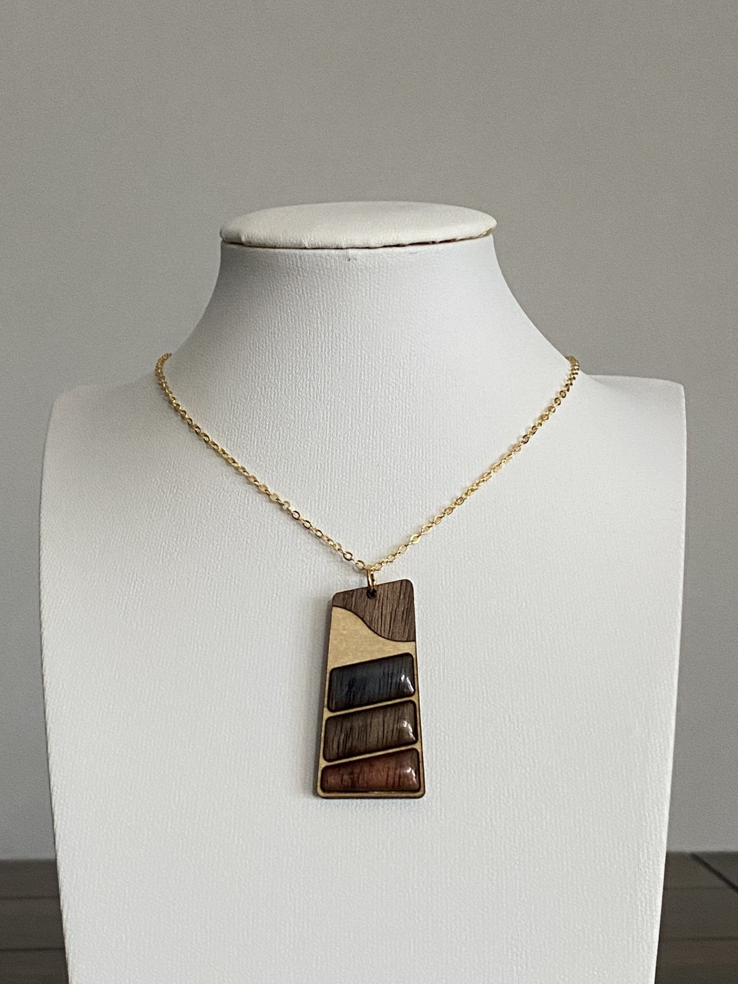 Artisan Brass and Laser Cut Wood Resin Necklace with 16K Gold