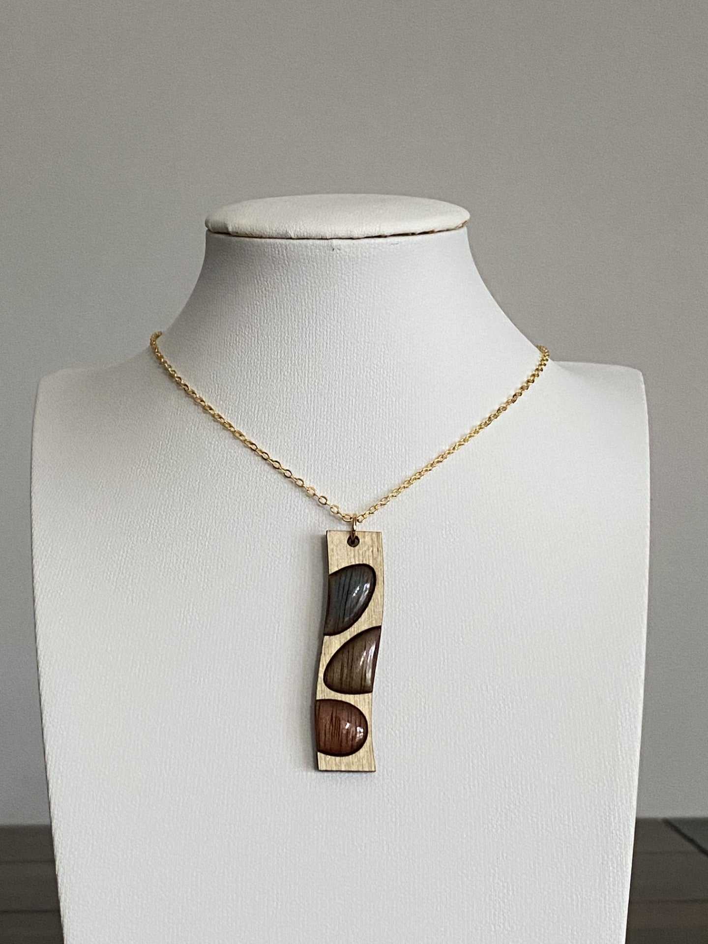Handmade Brass and Wood Necklace with Hand-Painted Resin, 16K Gold Chain