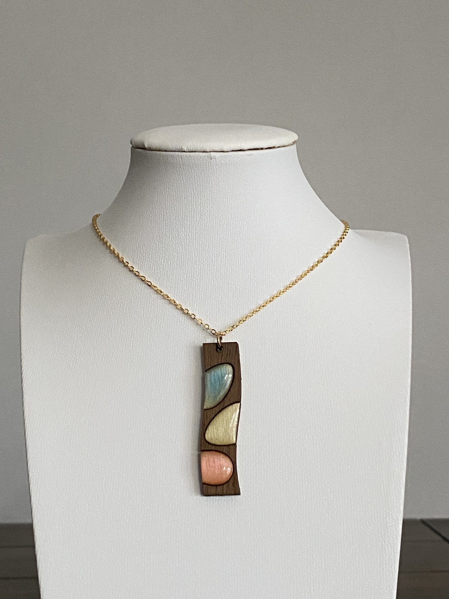 Handmade Brass and Wood Necklace with Hand-Painted Resin, 16K Gold Chain