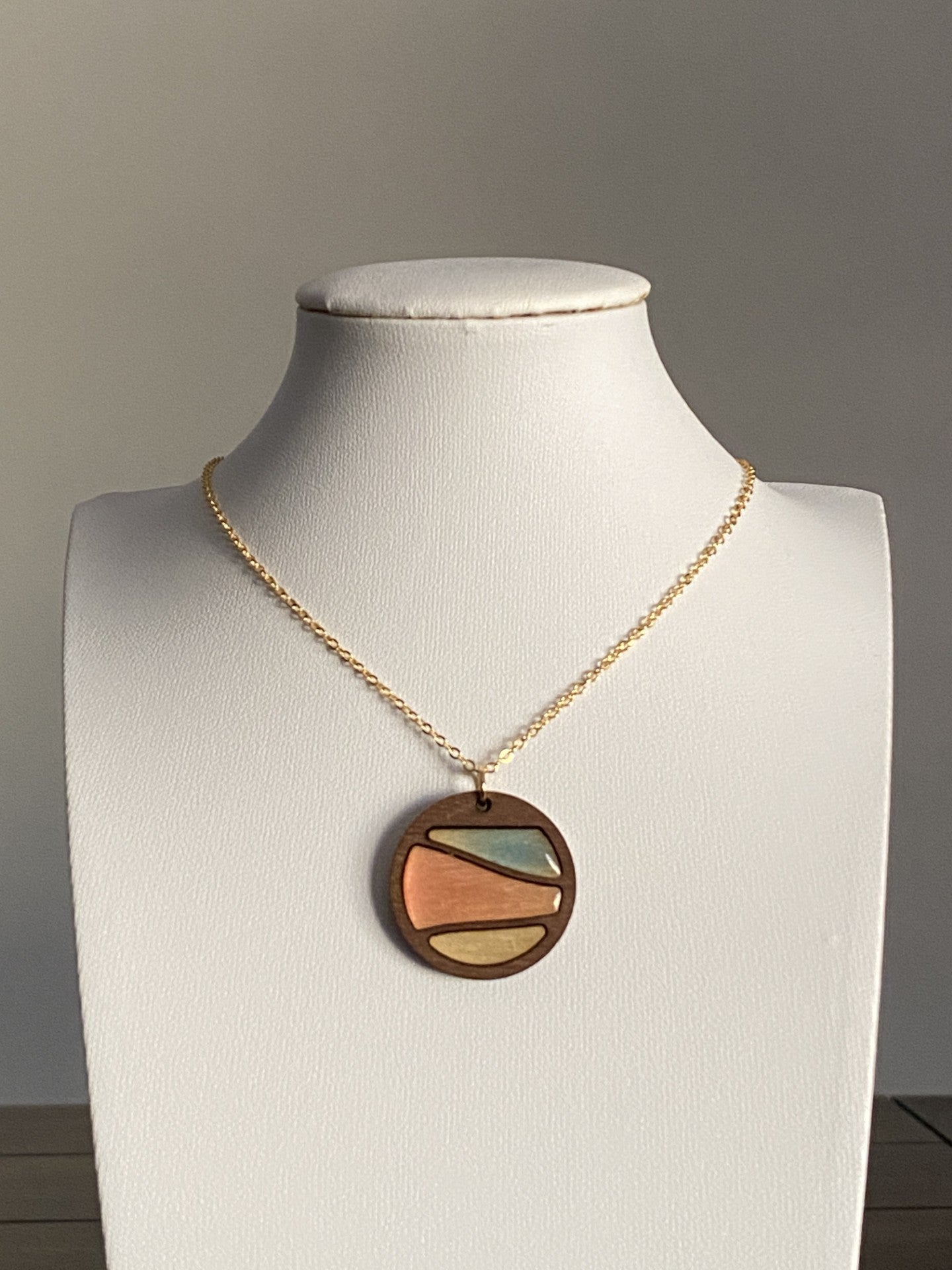 Handmade Brass and Wood Necklace with Hand-Painted Resin, 16K Gold Chain