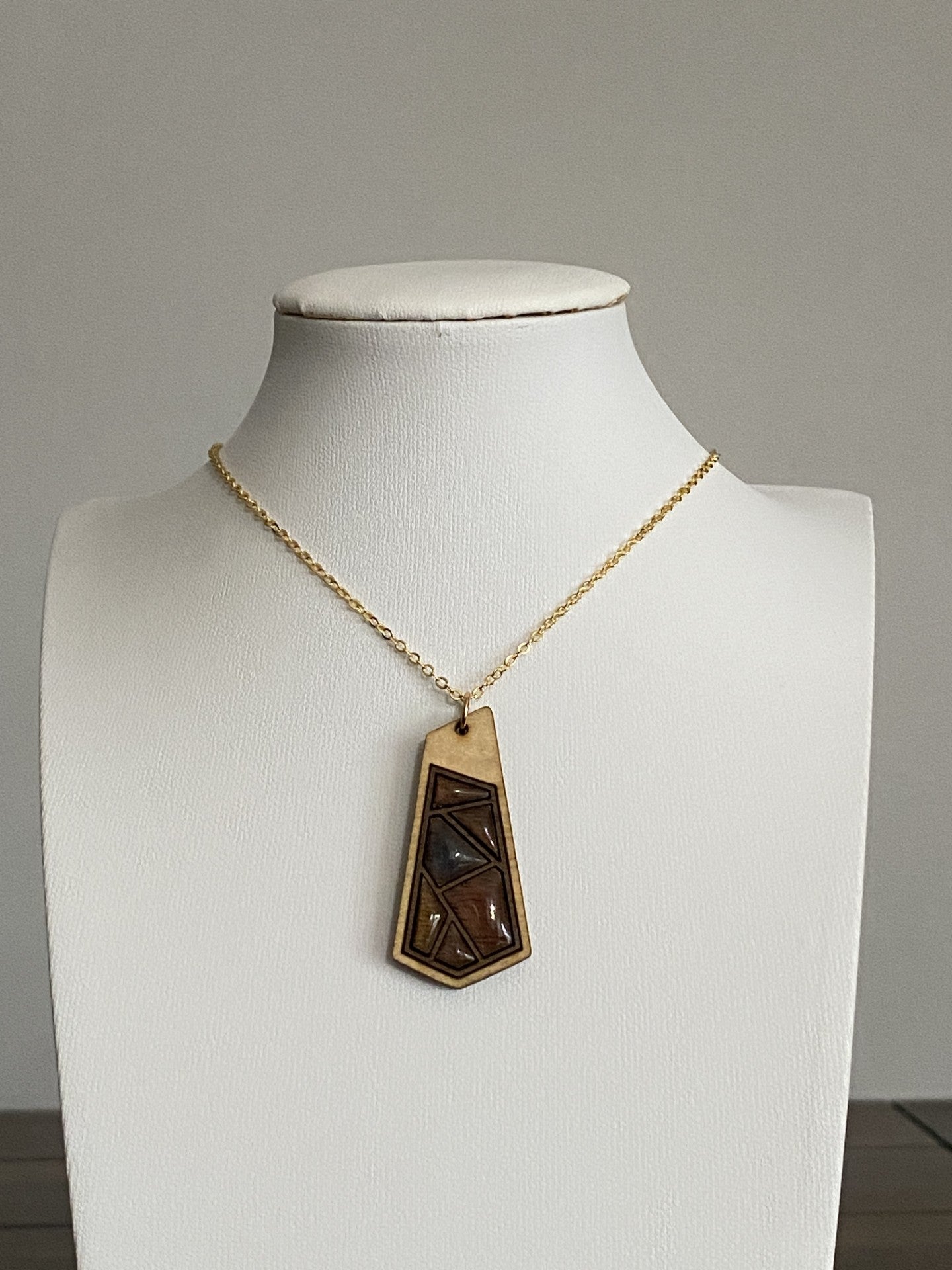 Handmade Brass and Wood Necklace with Hand-Painted Resin, 16K Gold Chain